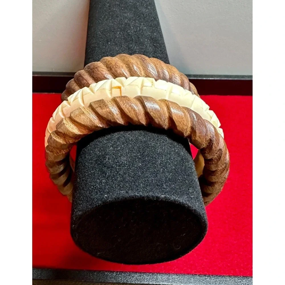 Vintage Carved Wood Resin Bangle Bracelets Lot Stackable Boho Chunky Set 3